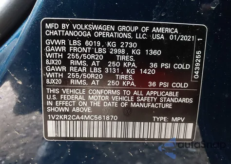 2021 Volkswagen Atlas 3.6L V6 Se W/Technology z USA, uszkodzony, nr VIN 1V2KR2CA4MC561870